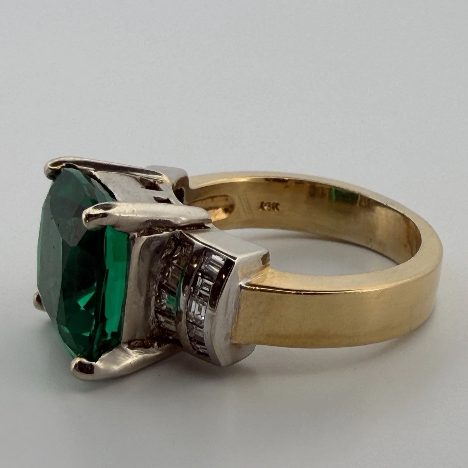 Lab Created Emerald and Diamond Ring 14K Two Tone Gold Heavy Mounting 12x12mm Sz 8, angled view
