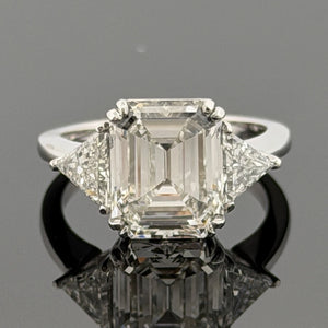 Platinum Three-Stone Ring 4.10ct Emerald Cut Natural Diamond GIA with Trillions