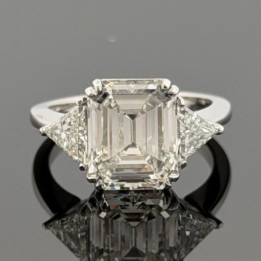Platinum Three-Stone Ring 4.10ct Emerald Cut Natural Diamond GIA with Trillions by Devine & Co