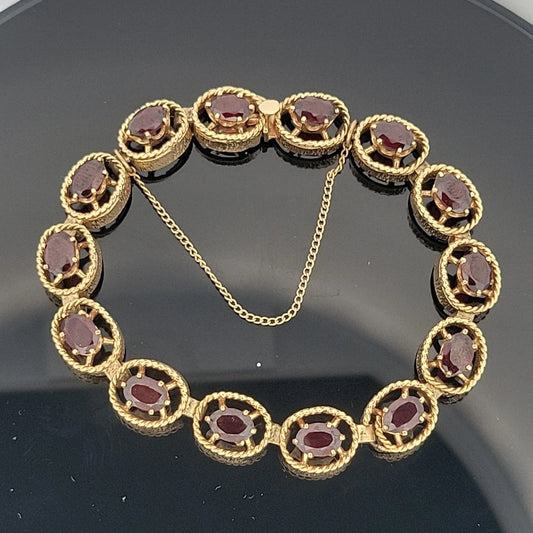 Vintage 14K Yellow Gold Natural Garnet Link Bracelet Bark Finish 12CTW 8 27 Gr by Devine & Co — front view