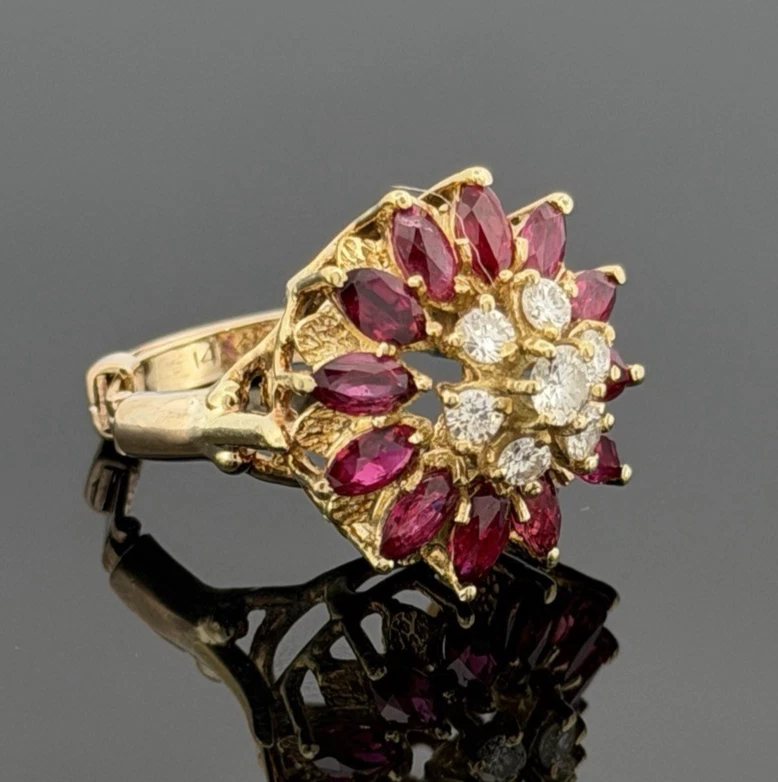 14K Yellow Gold Marquise Ruby & Diamond Cluster Ring – 8.45g – Adjustable 4.5–7 by Devine & Co — front view