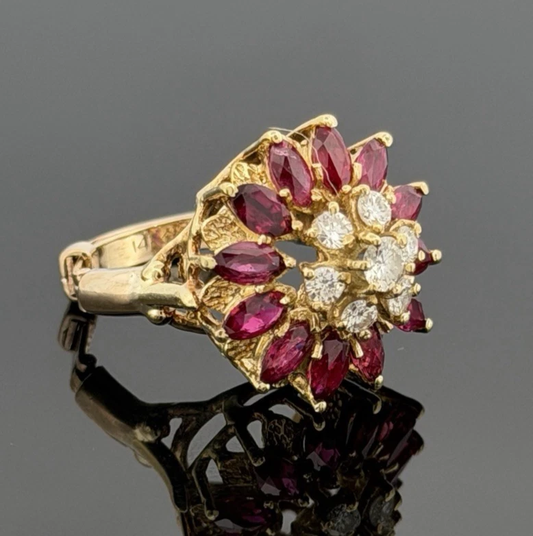 14K Yellow Gold Marquise Ruby & Diamond Cluster Ring – 8.45g – Adjustable 4.5–7 by Devine & Co — front view
