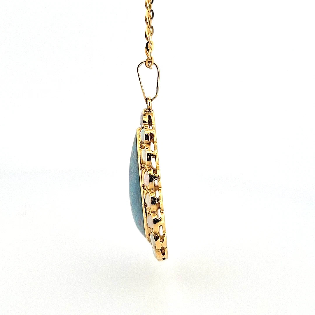 Large Triangular Black Opal Doublet Pendant with Round Crystal Opals 18 13g 14K by Devine & Co — front view