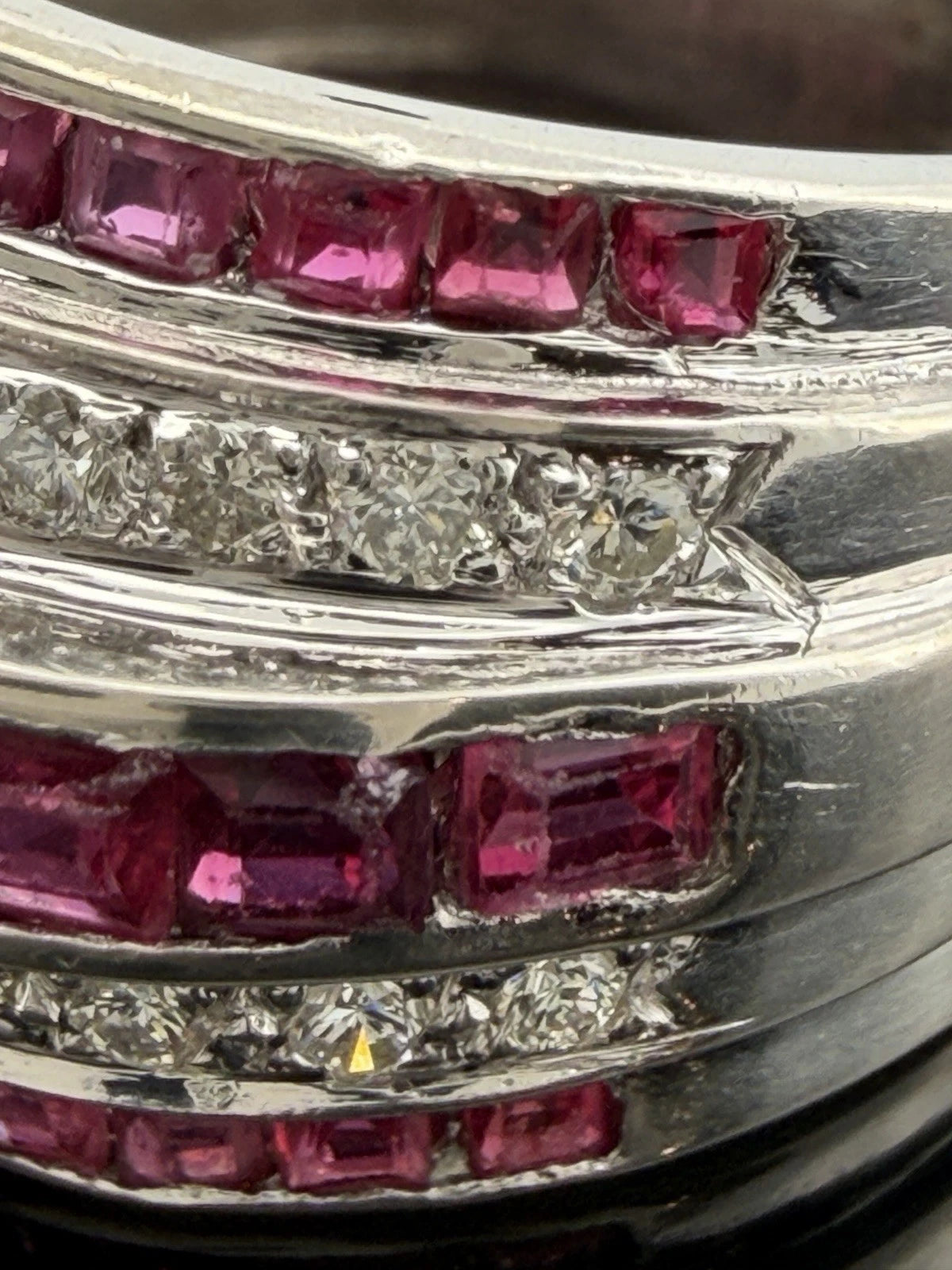 14K White Gold Ruby & Diamond Wide Band Ring Natural Square Rubies Size 7 by Devine & Co — front view