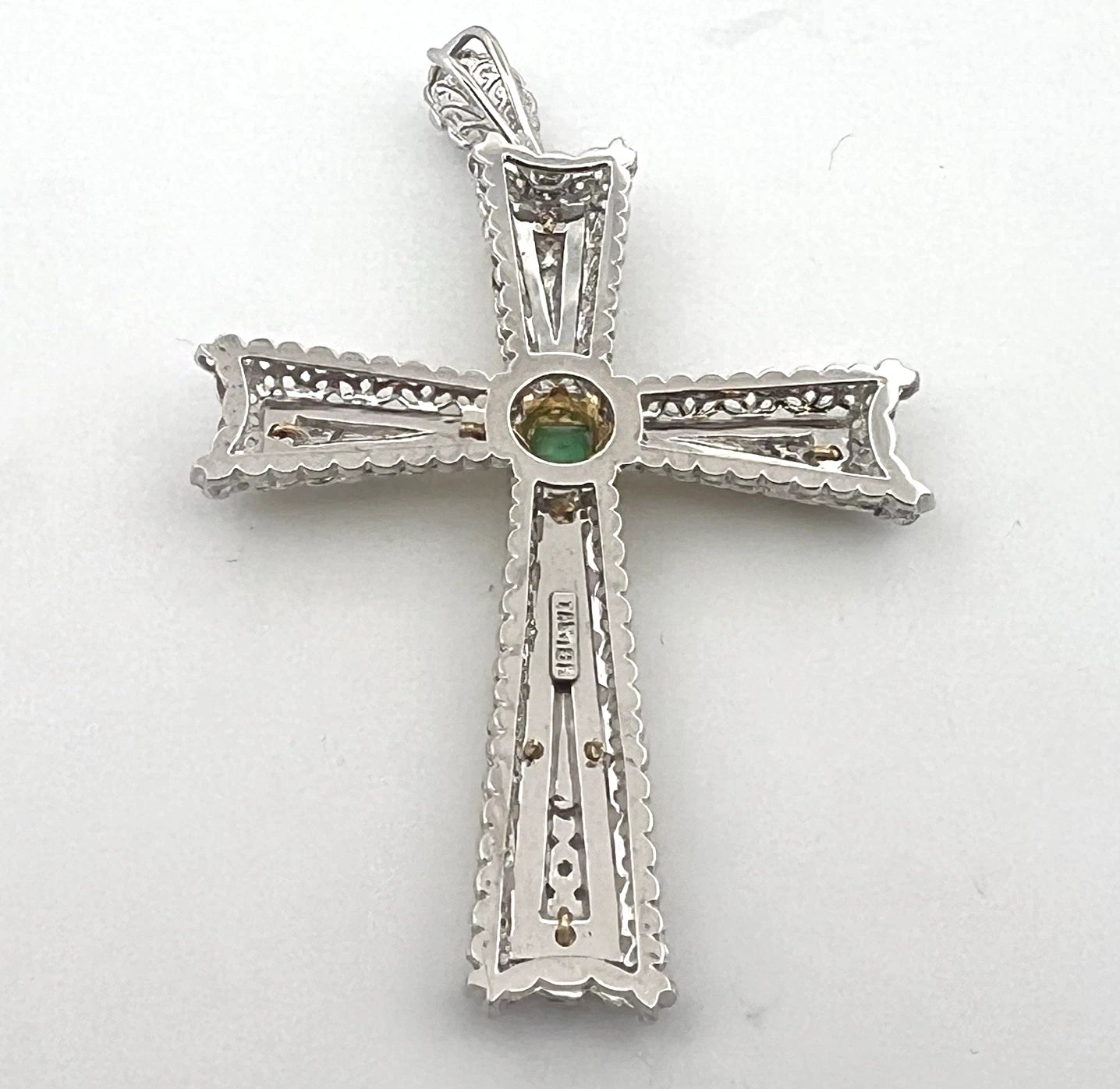 Vintage 18K Two-Tone Gold Natural Emerald Filigree Cross Pendant Italy Large