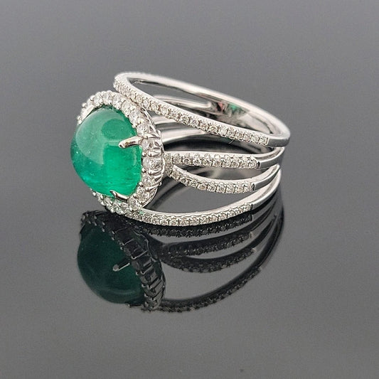 18K White Gold Oval Cabochon Emerald Ring 4.63ct Diamond Split Pave Shank 0.85ct by Devine & Co — front view