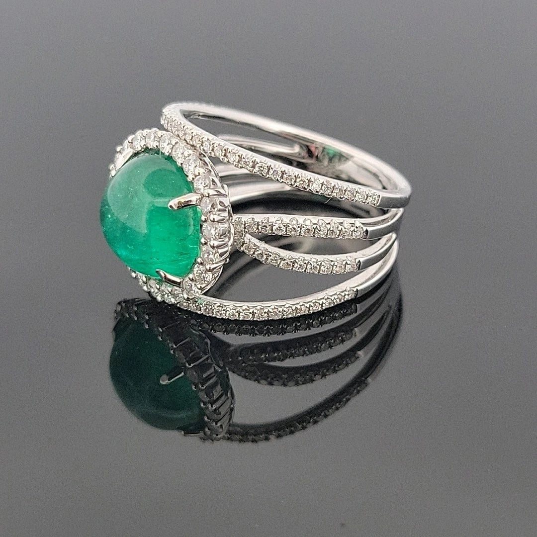 18K White Gold Oval Cabochon Emerald Ring 4.63ct Diamond Split Pave Shank 0.85ct by Devine & Co — front view