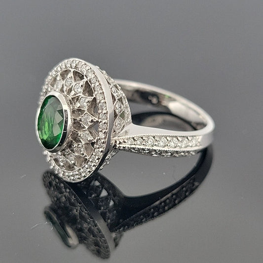 18K White Gold Tsavorite & Diamond Ring 1.51ct Oval Tsavorite 1.02ctw Diamonds by Devine & Co — front view