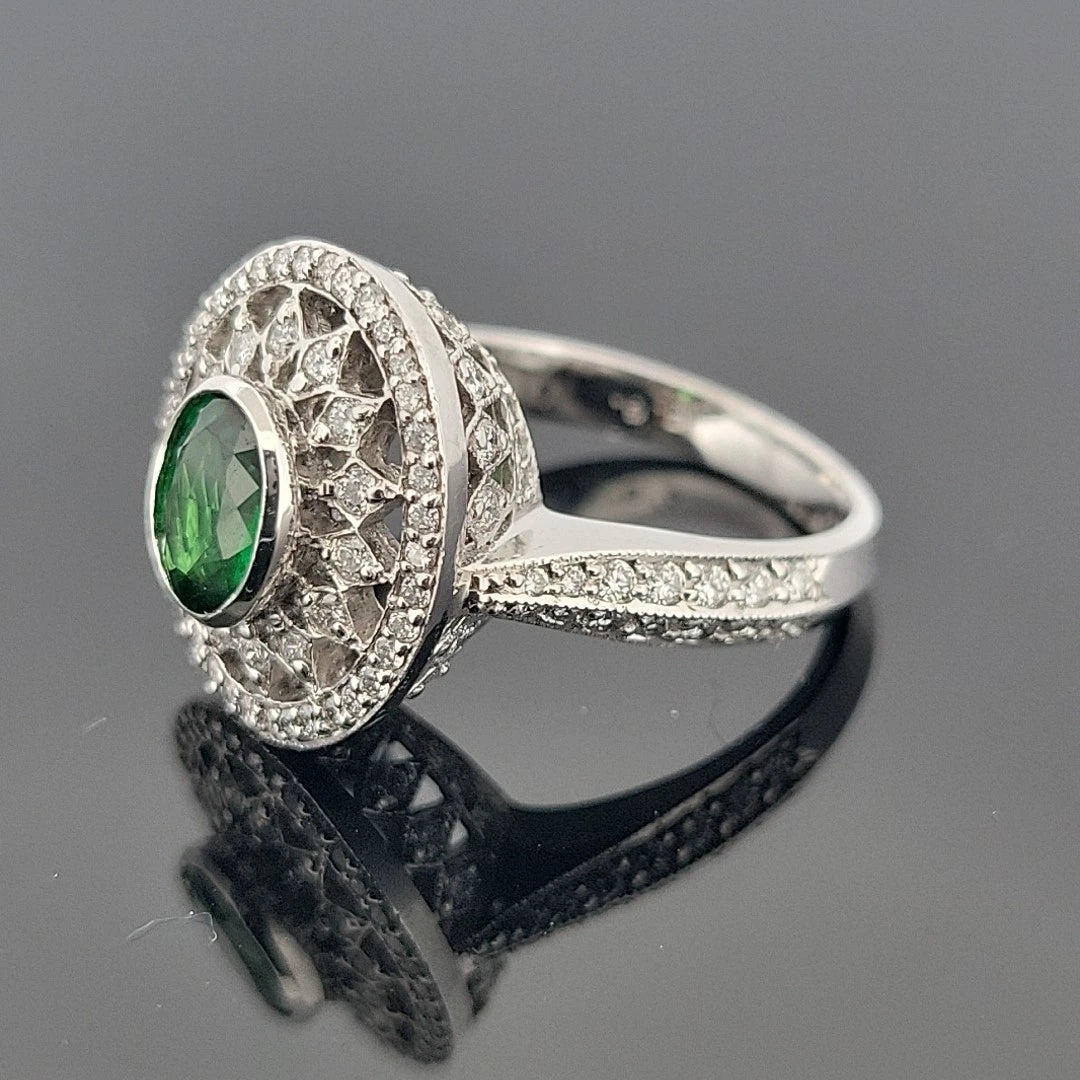 18K White Gold Tsavorite & Diamond Ring 1.51ct Oval Tsavorite 1.02ctw Diamonds by Devine & Co — front view