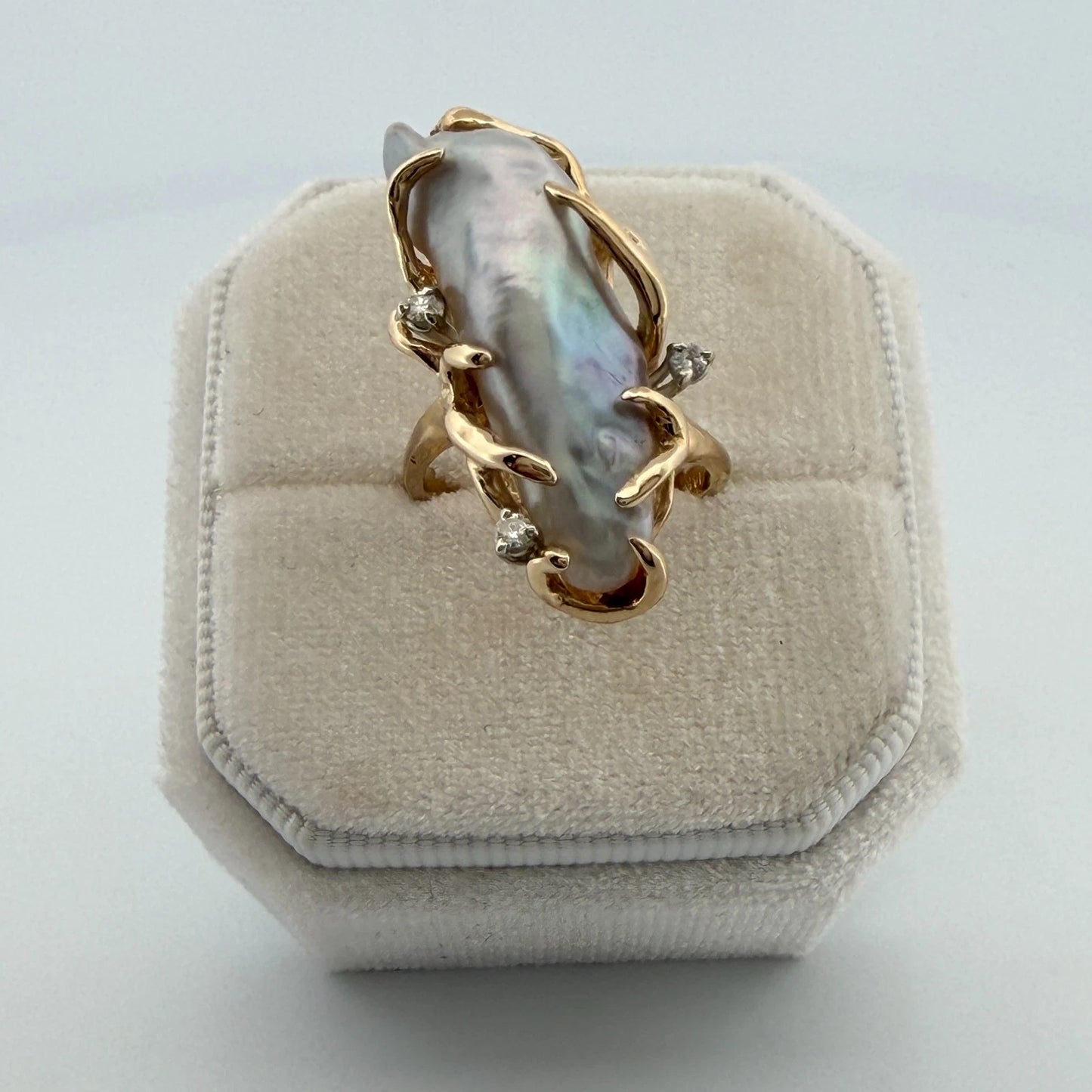 Vintage 14K Yellow Gold Baroque Pearl & Diamond Ring Size 6.5 Estate
