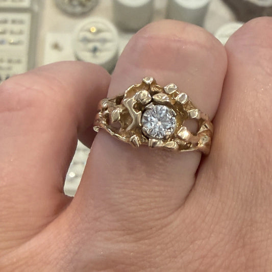 Vintage 14K Yellow Gold Nugget Style Round Diamond Ring 0.50CT Size 8 7.59g