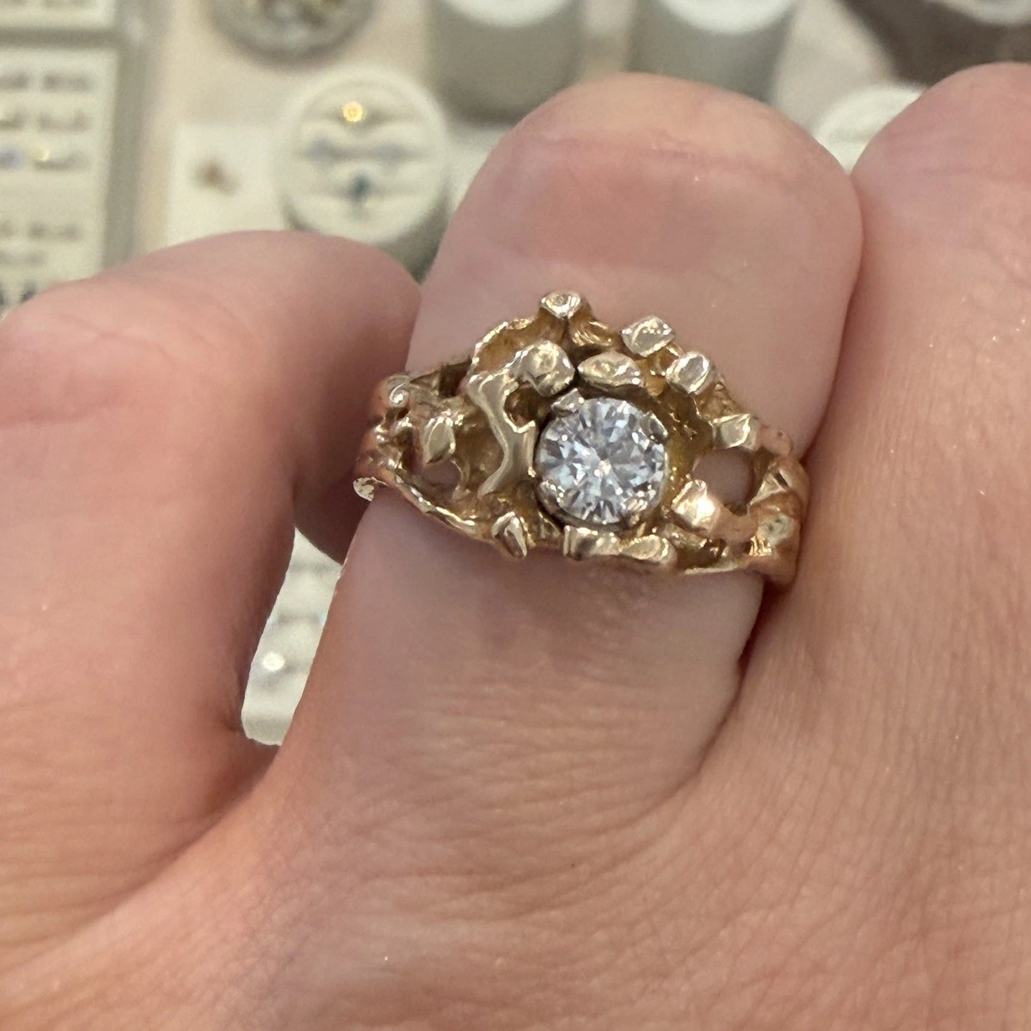 Vintage 14K Yellow Gold Nugget Style Round Diamond Ring 0.50CT Size 8 7.59g