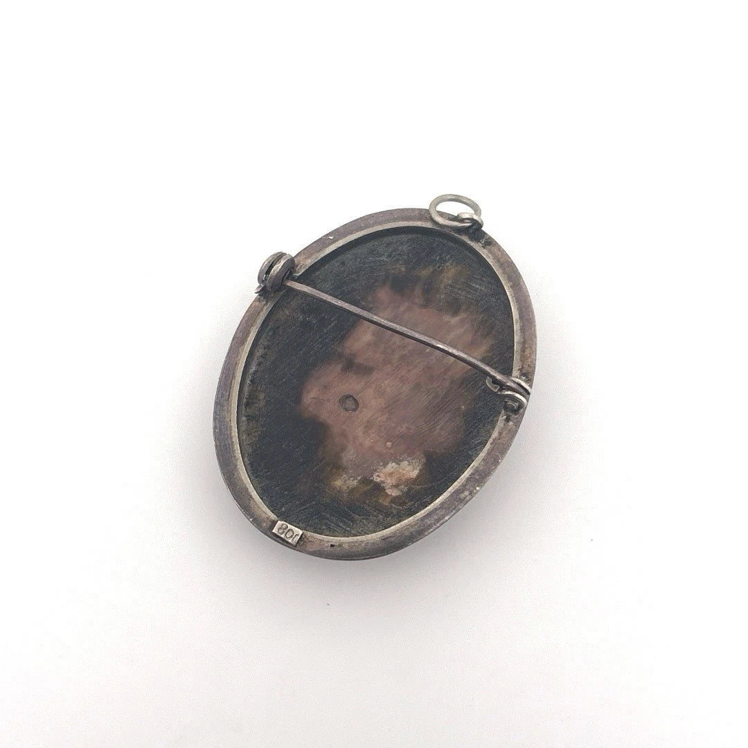 Vintage 800 Silver Mother of Pearl Cameo Pendant Brooch 38x30mm 9.23g by Devine & Co — side view