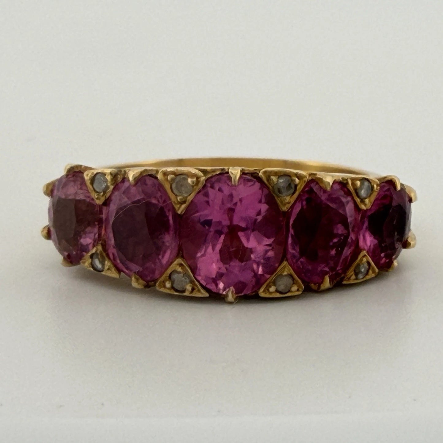 Vintage 15K Yellow Gold Pink Gemstone & Diamond Chip Ring Size 6 Estate