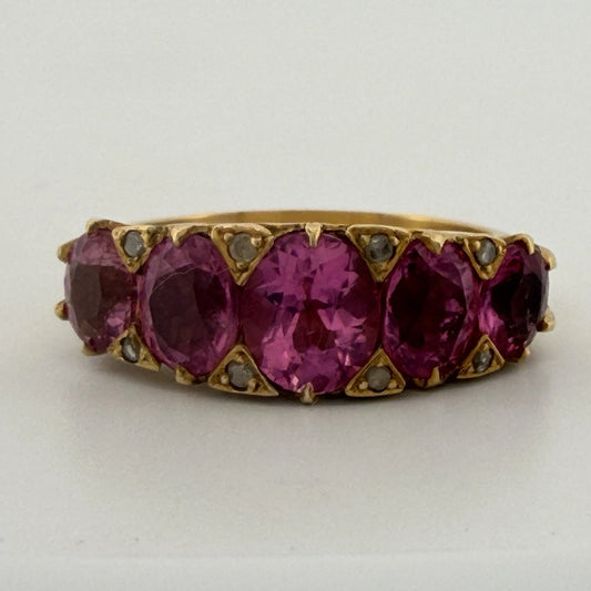 Vintage 15K Yellow Gold Pink Gemstone & Diamond Chip Ring Size 6 Estate