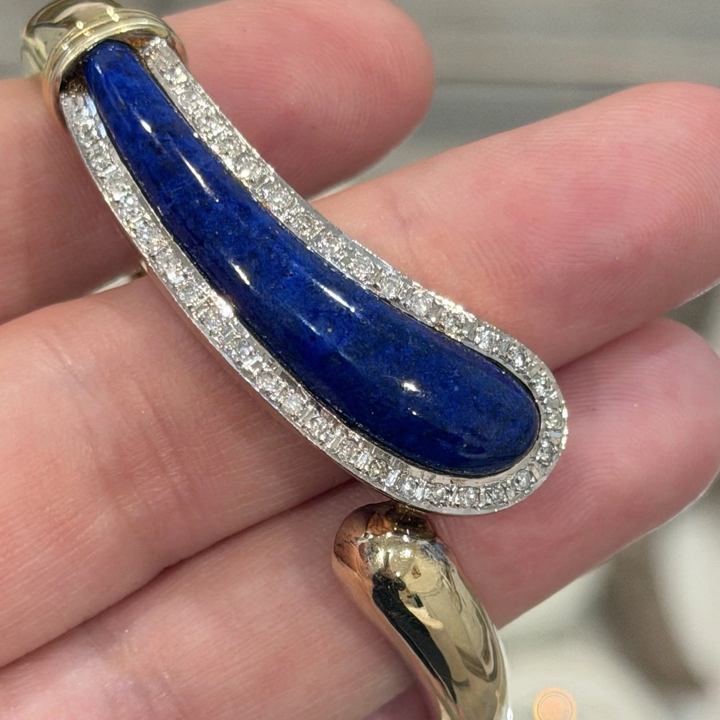 Vintage 14K Yellow Gold Lapis Lazuli Diamond Bypass Bangle Bracelet 24.33g