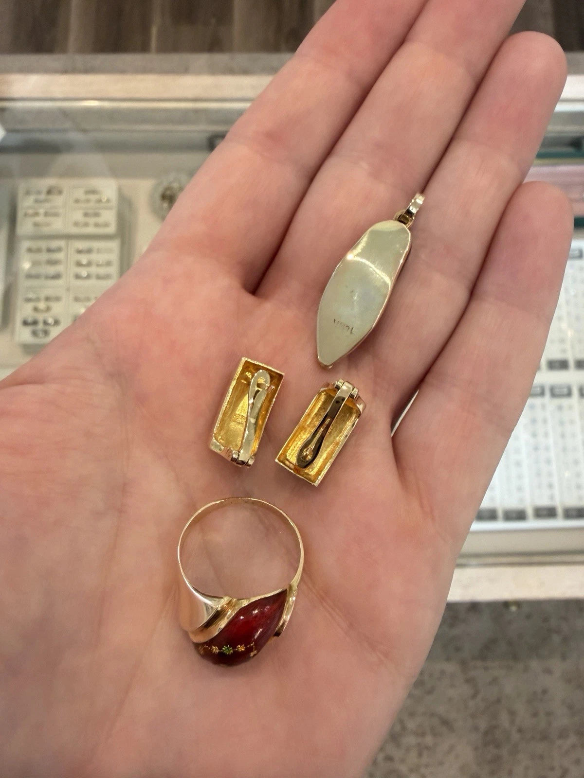 Vintage 14K Yellow Gold Red Enamel Butterfly Motif Ring Slipper Pendant Earrings