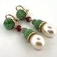 Seaman Schepps Canton Drop Jade, Ruby, Pearl Clip Earrings 18K Gold 17.37g