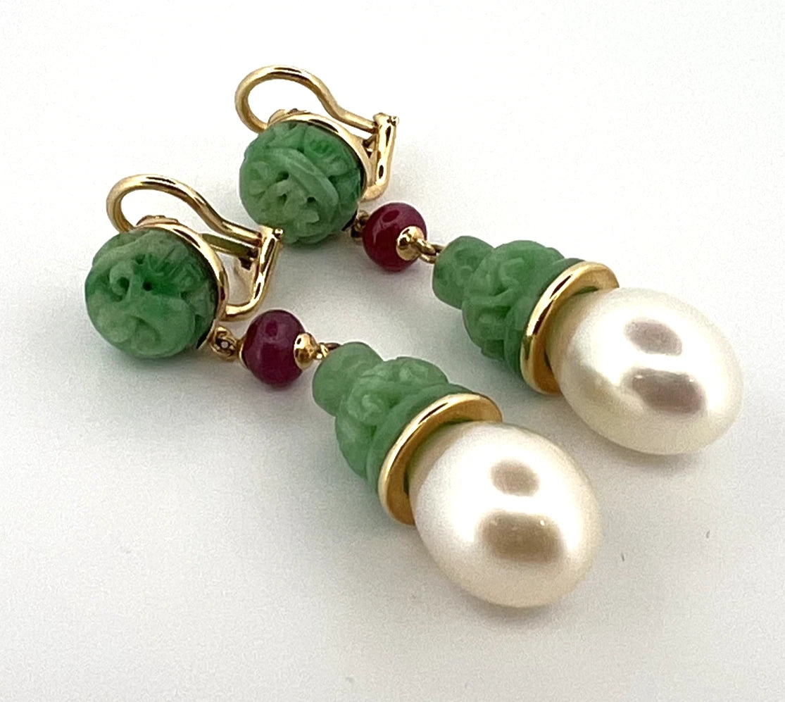 Seaman Schepps Canton Drop Jade, Ruby, Pearl Clip Earrings 18K Gold 17.37g
