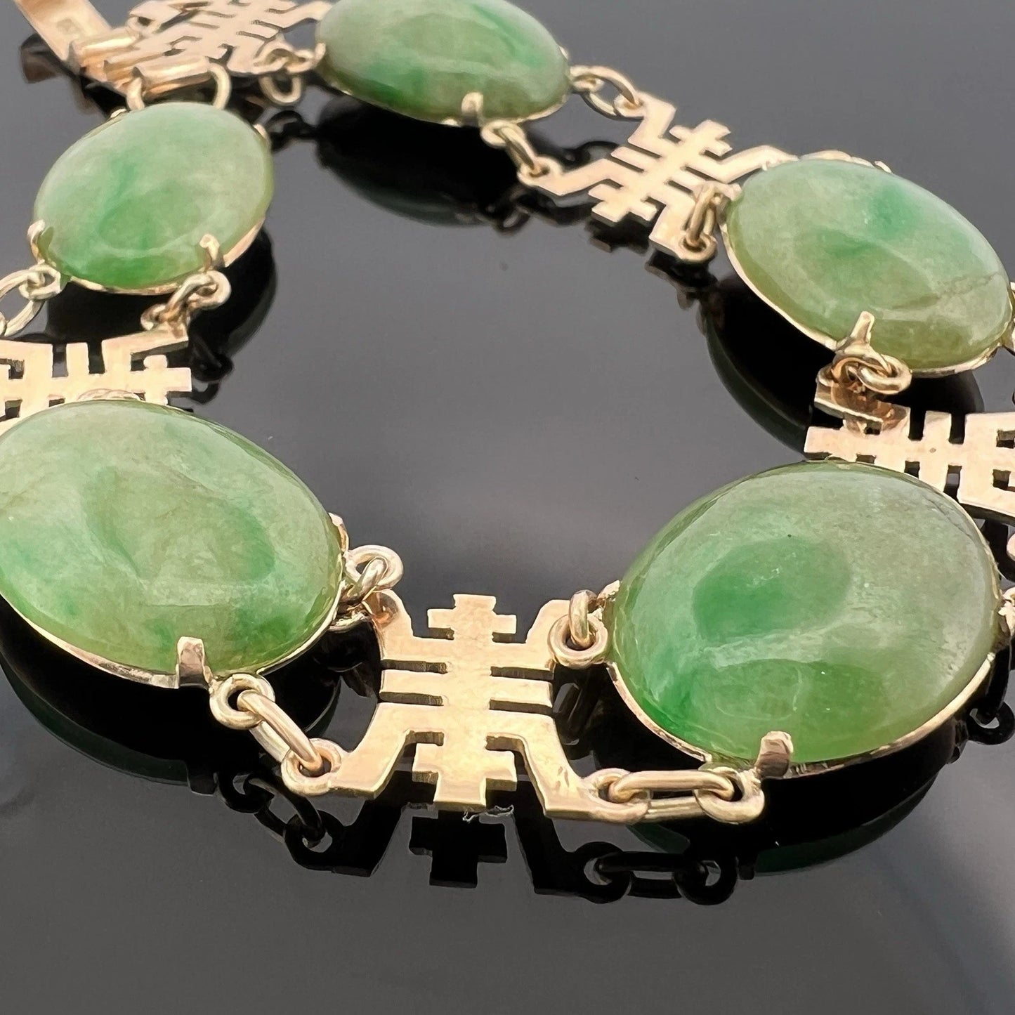 Vintage 14K Yellow Gold Jadeite Jade 5 Cabochon Bracelet 7” Estate