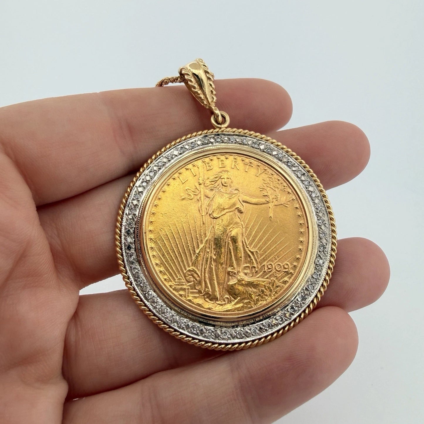 1909 $20 Liberty Gold Coin Diamond Bezel Pendant 14K Gold Necklace 54.62g