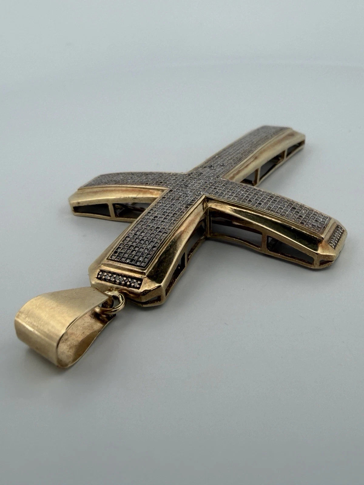 Massive 14K/10K Gold and Diamond Cross Pendant 17.7 Grams 3.5" Large Cross, angled view