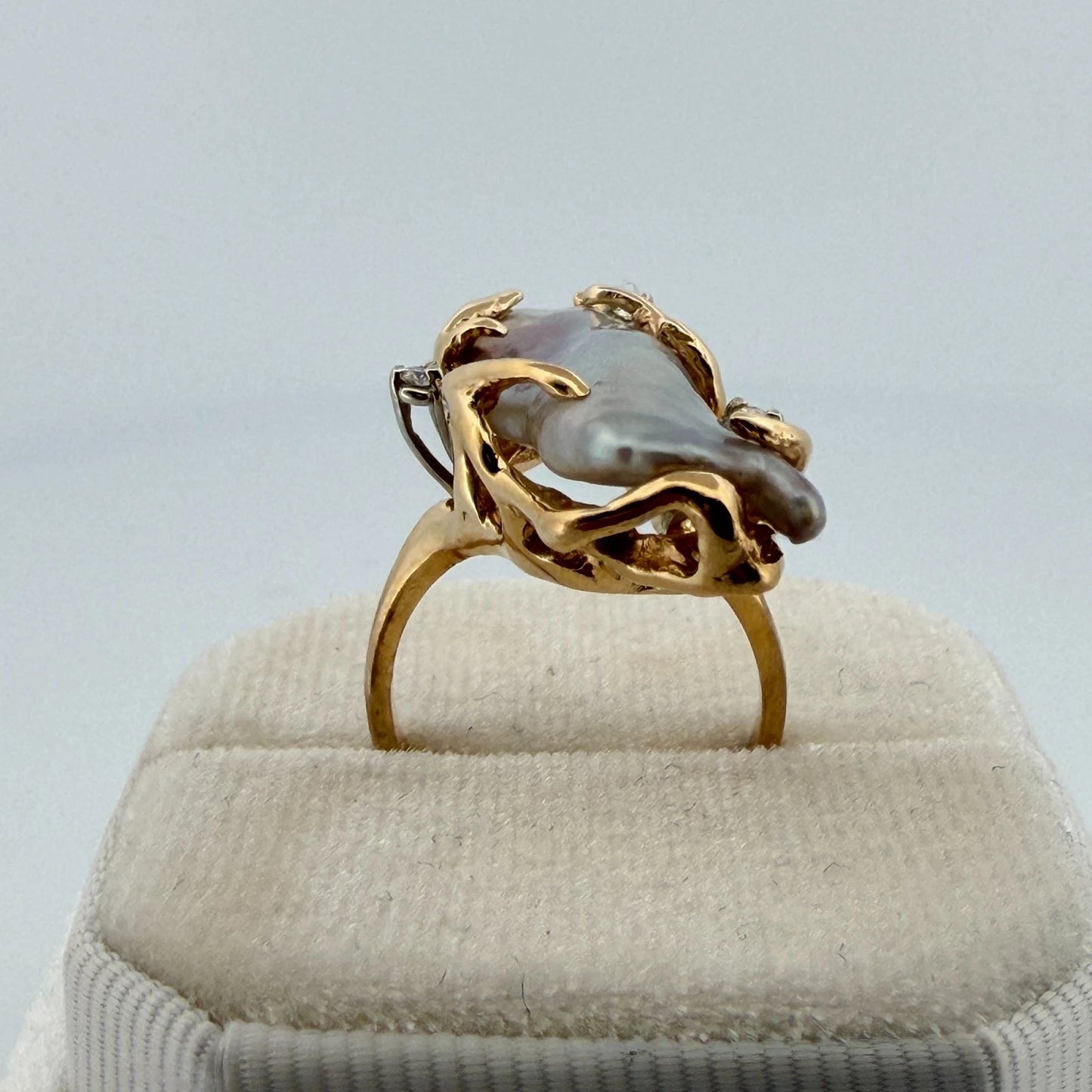 Vintage 14K Yellow Gold Baroque Pearl & Diamond Ring Size 6.5 Estate