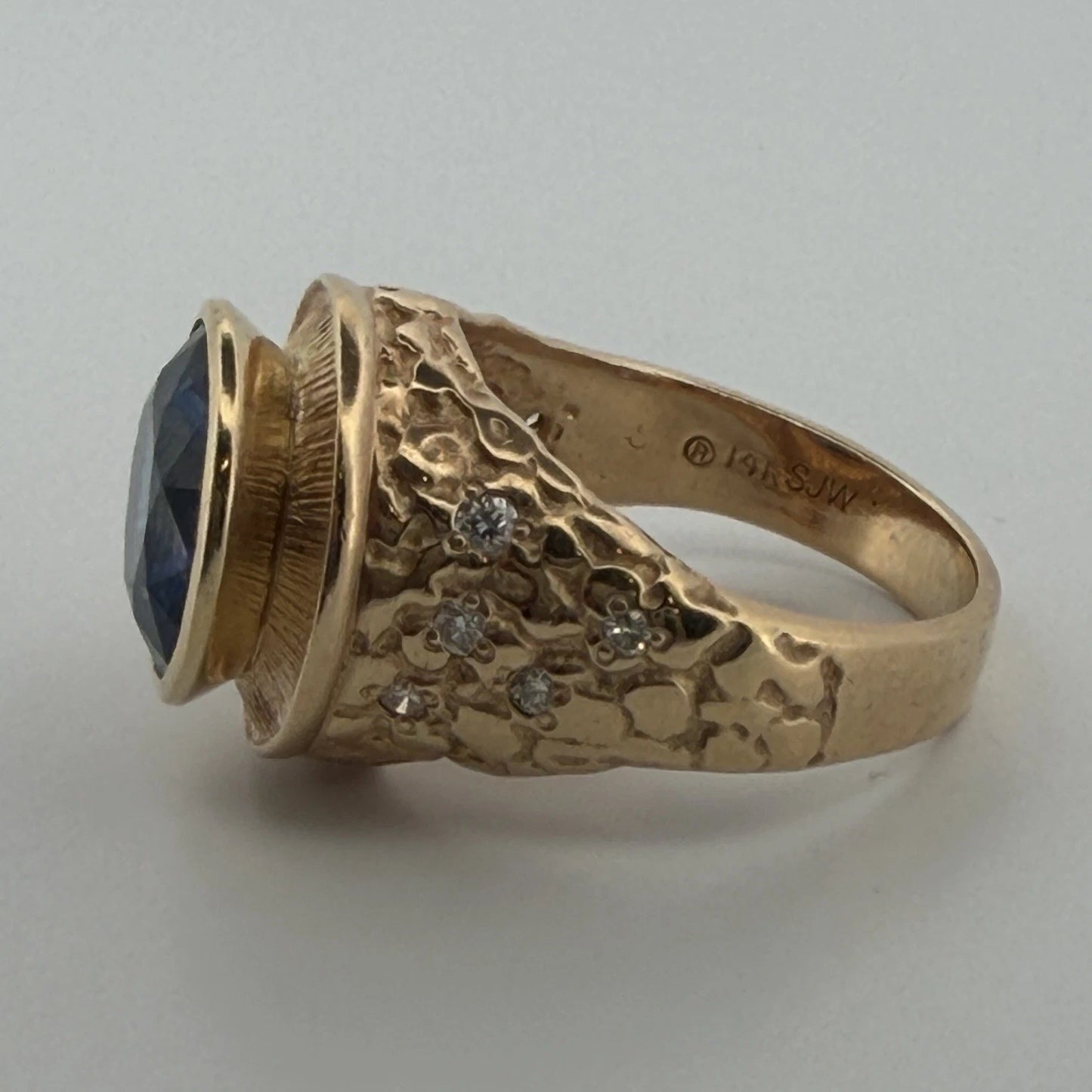 Vintage Men’s 14K Yellow Gold Lab Grown Sapphire Diamond Nugget Ring Size 9.5, angled view