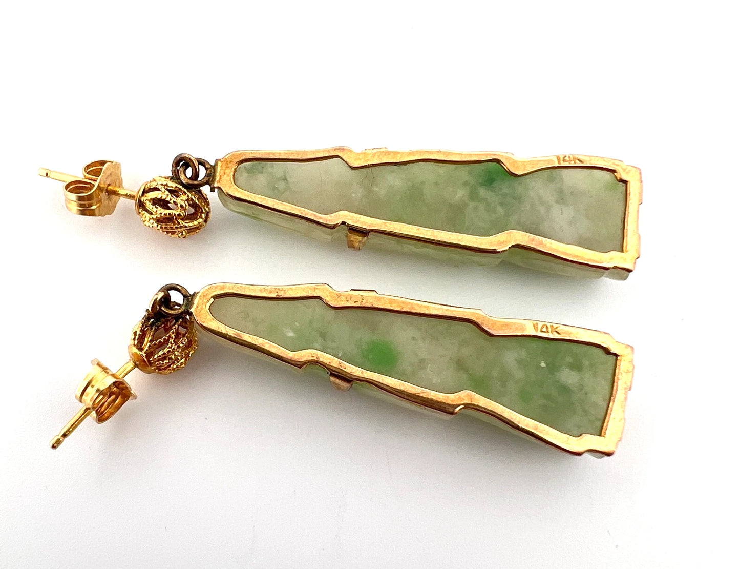 Vintage 14K Gold Carved Jade Drop Earrings Green Jadeite 8.16g Estate