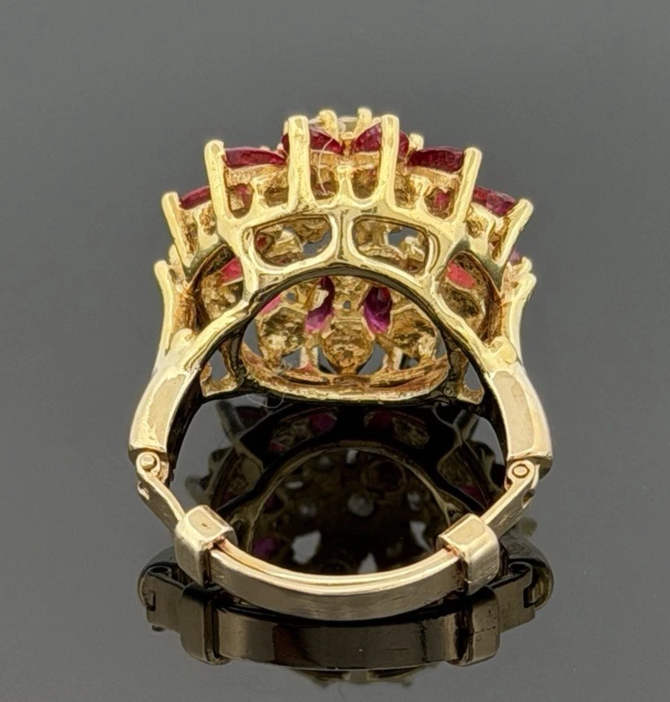 14K Yellow Gold Marquise Ruby & Diamond Cluster Ring – 8.45g – Adjustable 4.5–7 by Devine & Co — angled view