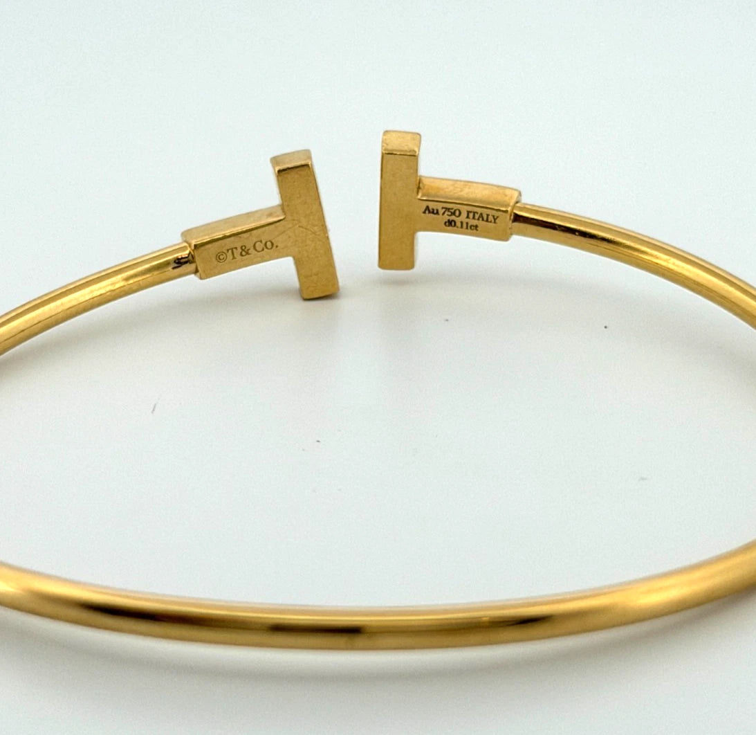 Tiffany & Co. T Wire Bracelet 18K Yellow Gold Mother of Pearl Diamond Bracelet by Devine & Co — side view