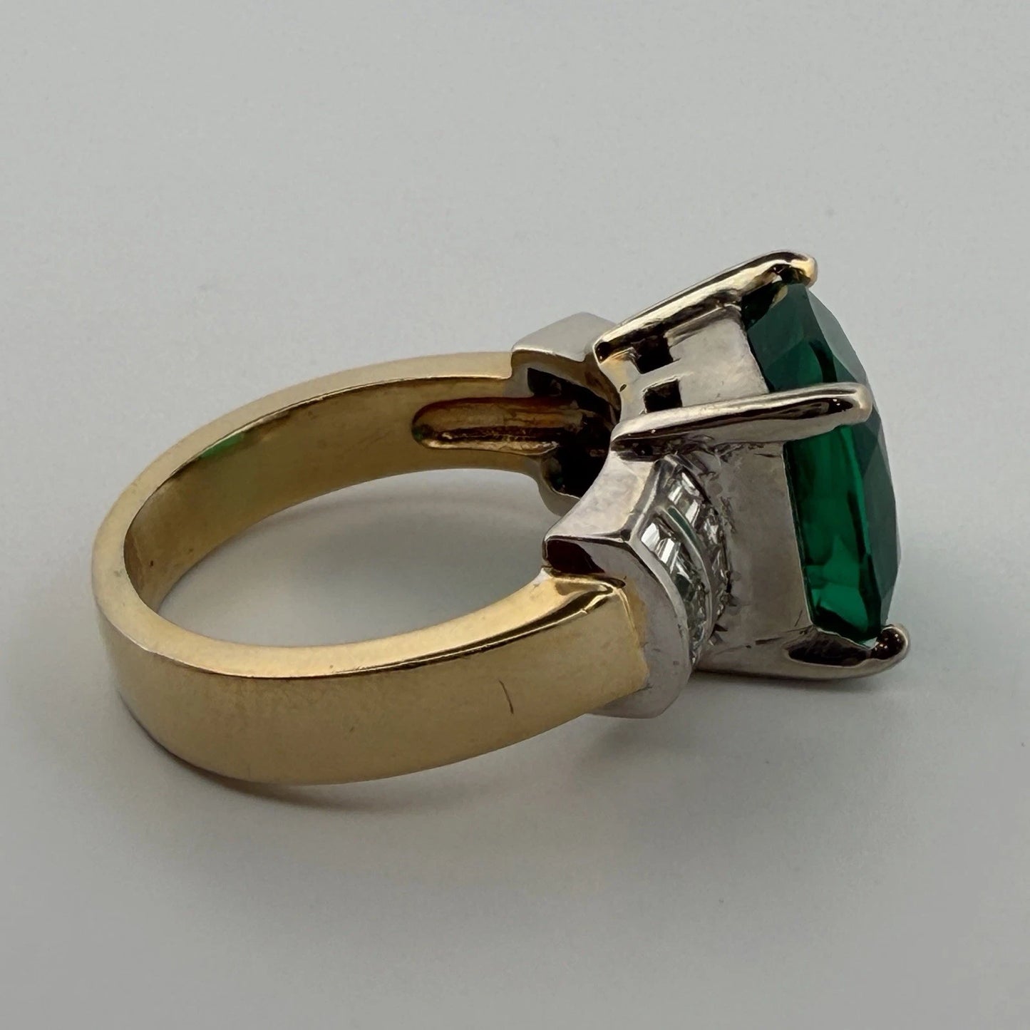 Lab Created Emerald and Diamond Ring 14K Two Tone Gold Heavy Mounting 12x12mm Sz 8, close-up detail