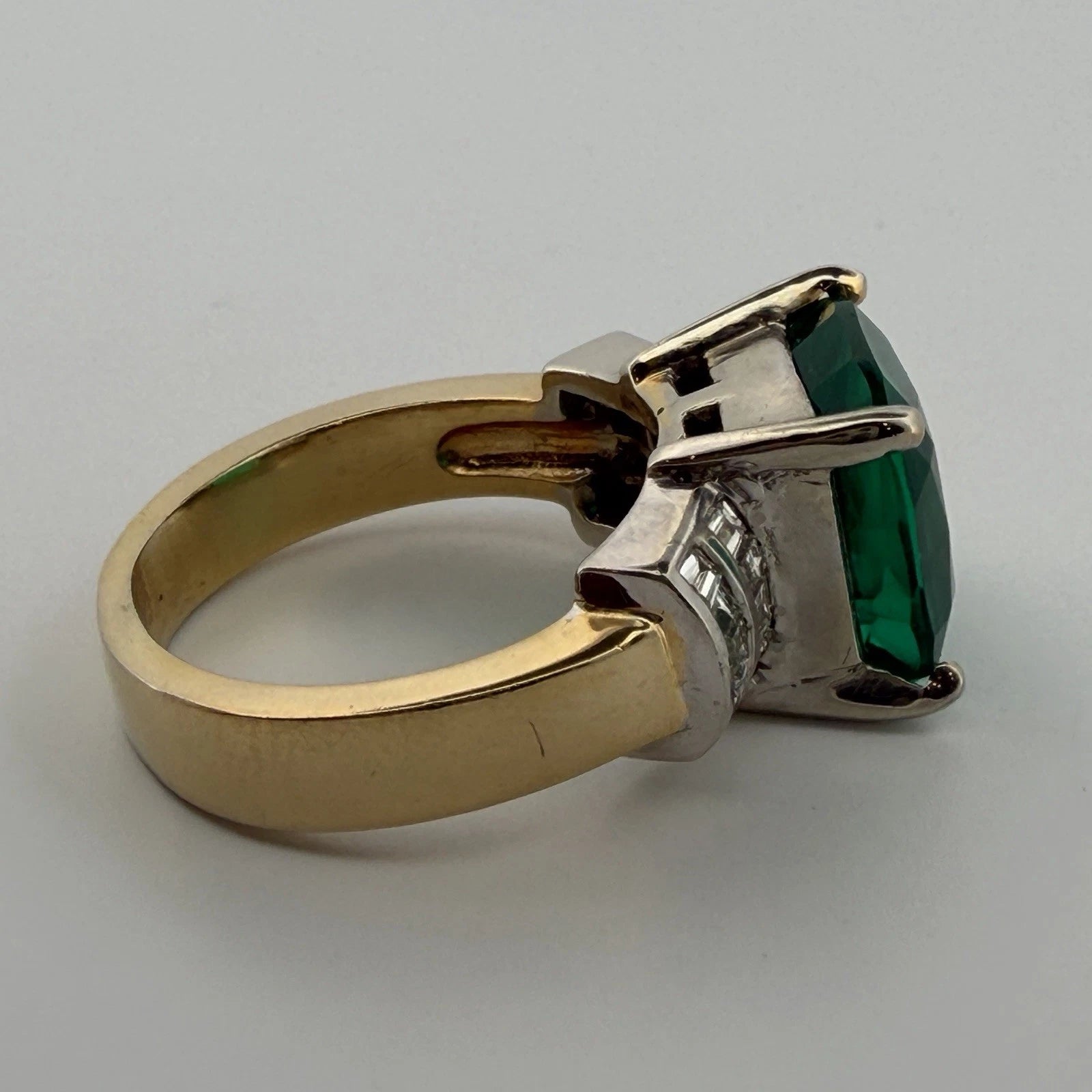 Lab Created Emerald and Diamond Ring 14K Two Tone Gold Heavy Mounting 12x12mm Sz 8, close-up detail