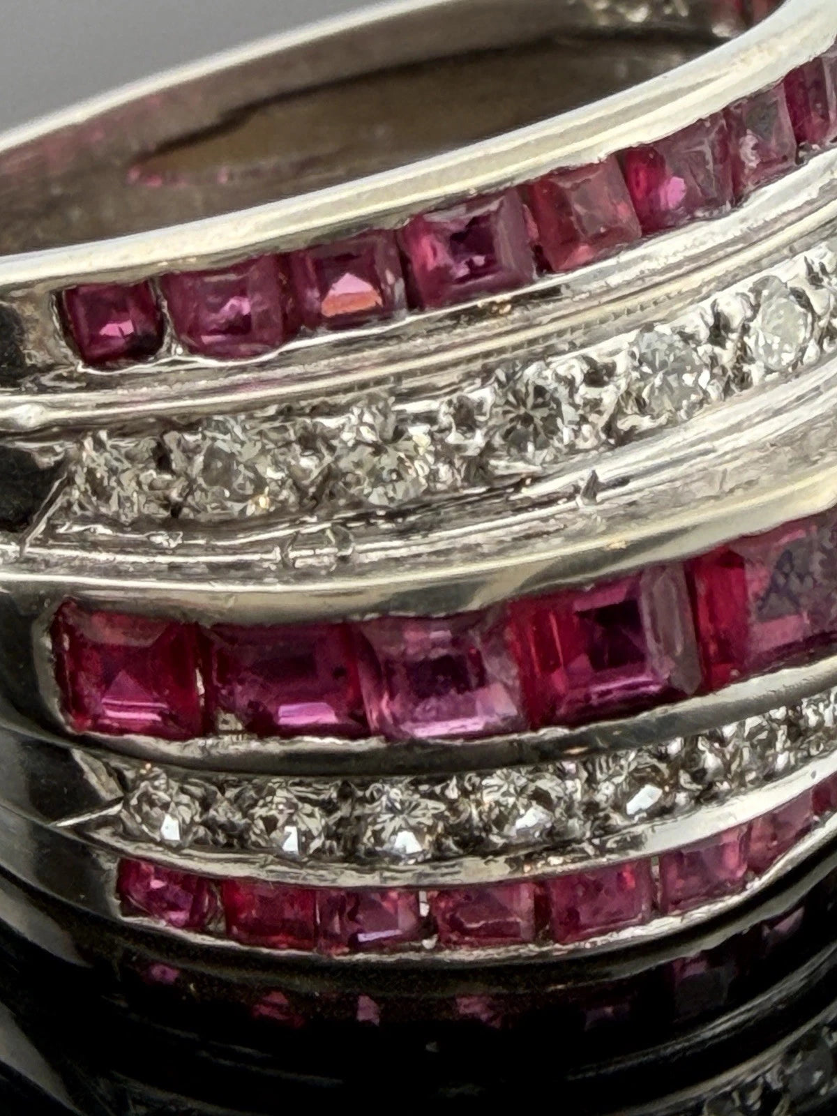 14K White Gold Ruby & Diamond Wide Band Ring Natural Square Rubies Size 7 by Devine & Co — angled view