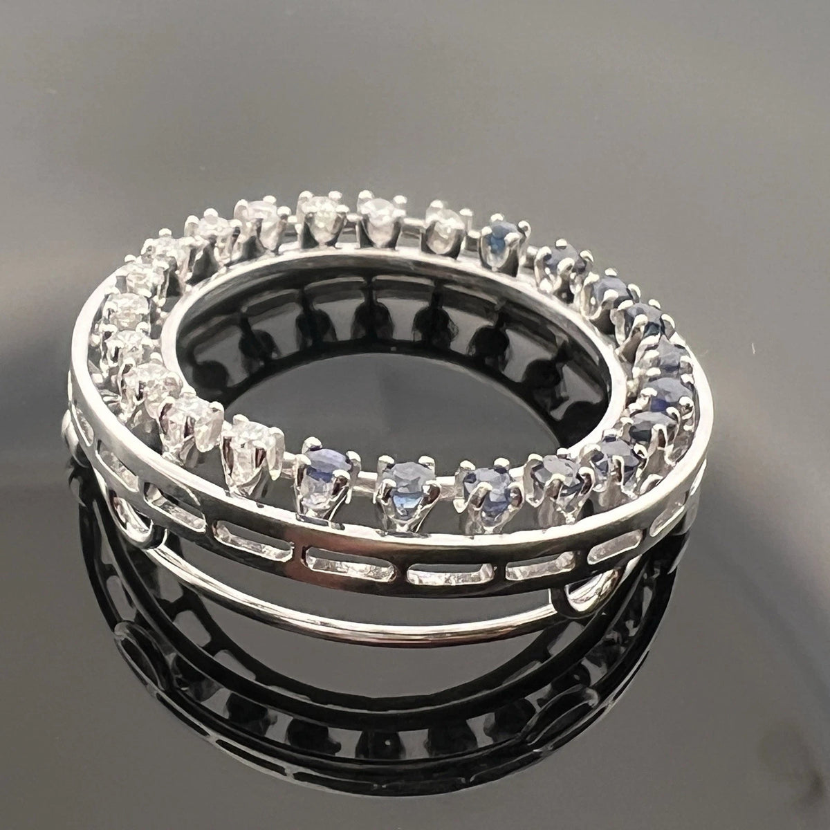 14K White Gold Natural Sapphire & Diamond Circle Pendant Brooch Estate