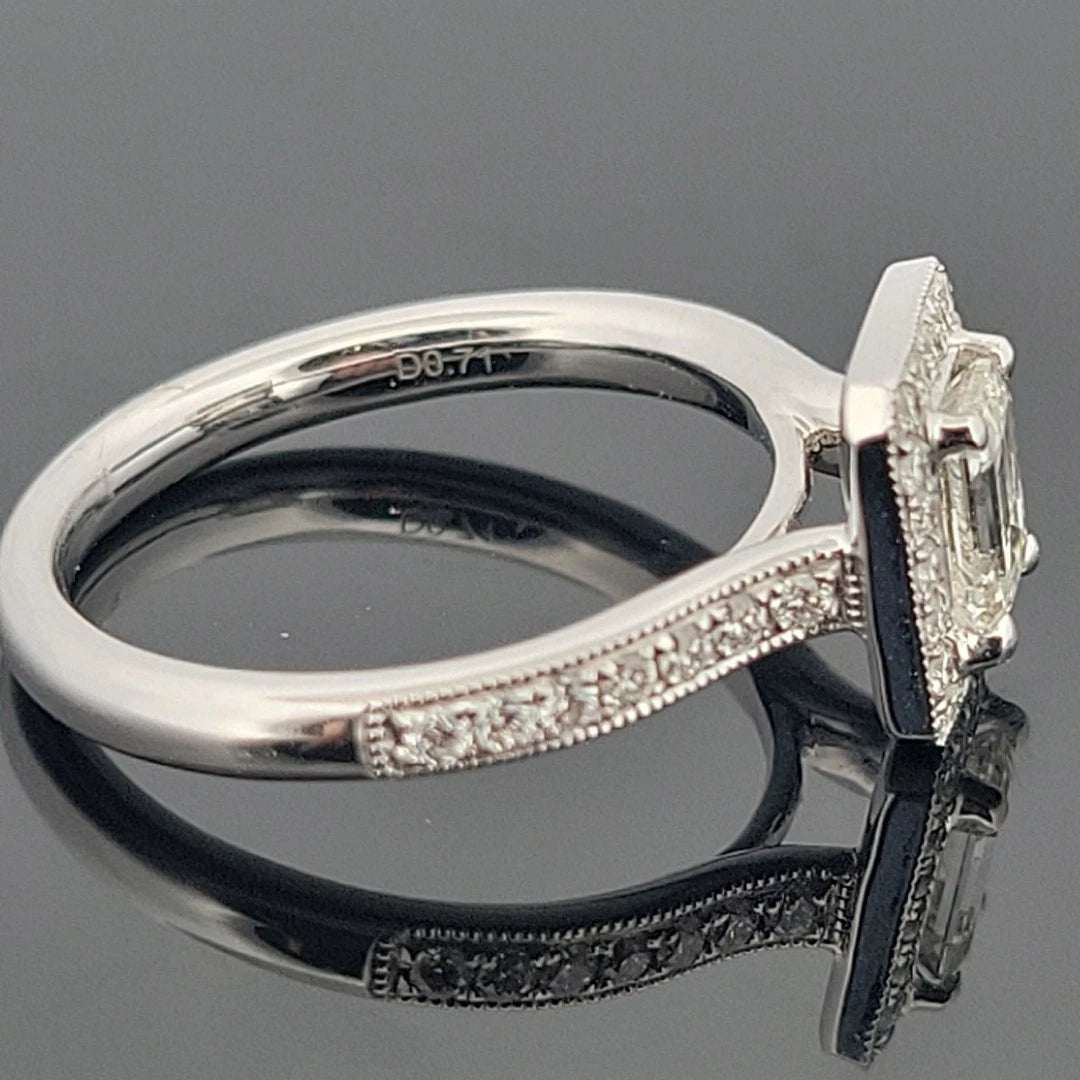 14K White Gold Emerald Cut Diamond Ring 0.72ct VS2 J, Halo Diamonds 0.34ctw by Devine & Co — side view