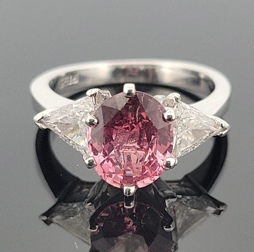 Platinum Natural Padparadscha Sapphire Trillion Diamond Ring 2.16ct .70ctw AIGS by Devine & Co — angled view