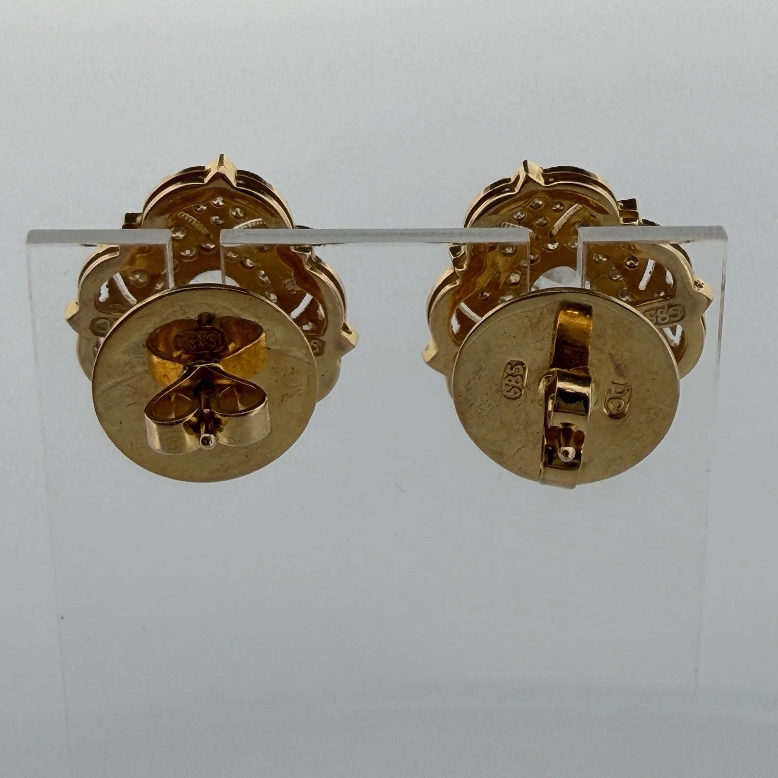 Natural Rose Cut and Round Brilliant Diamond Earrings 14K Yellow Gold Vintage 2CTW, close-up detail