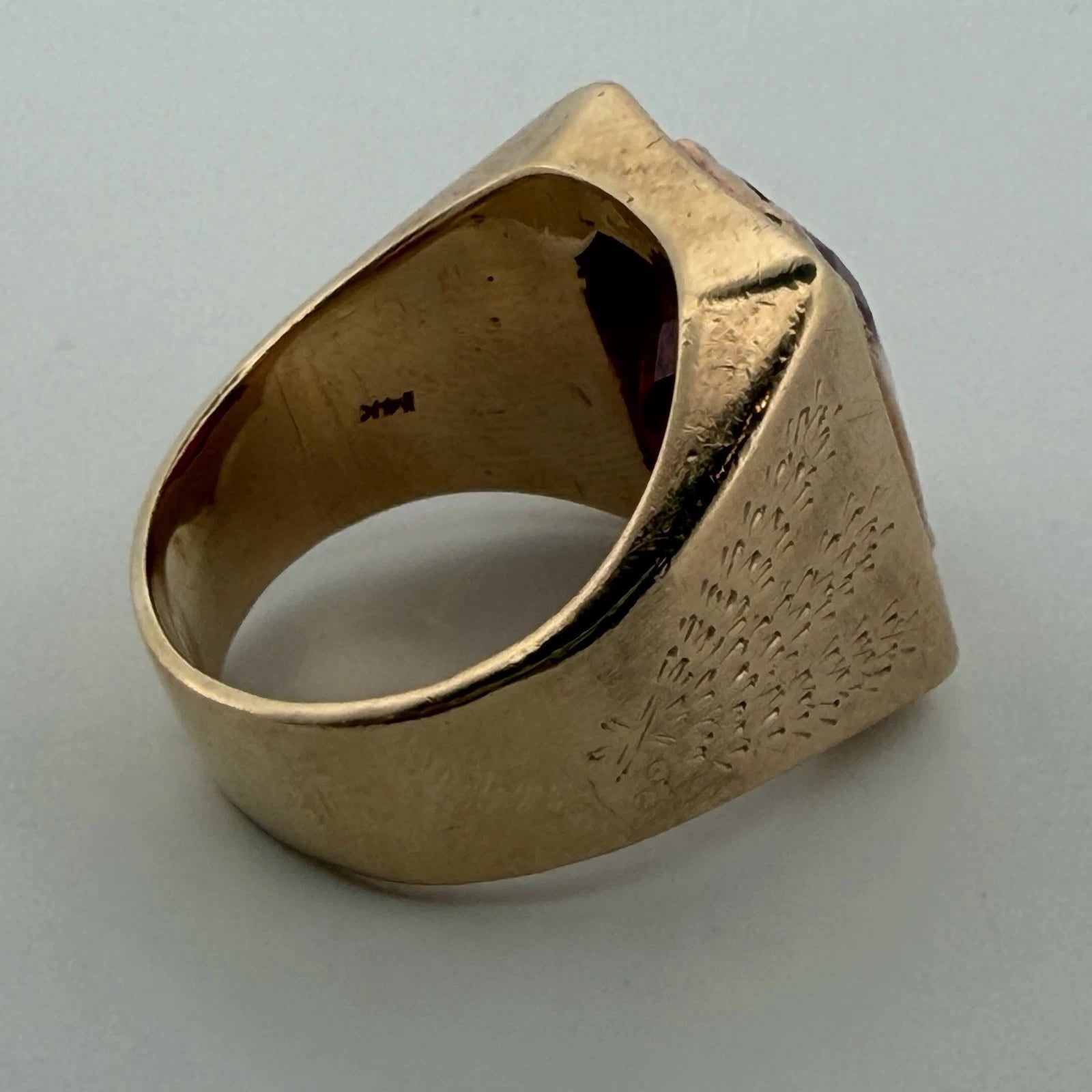 Vintage Men’s 14K Rose Gold Lab Created Rectangle Ruby Signet Ring Heavy 25.95g, angled view