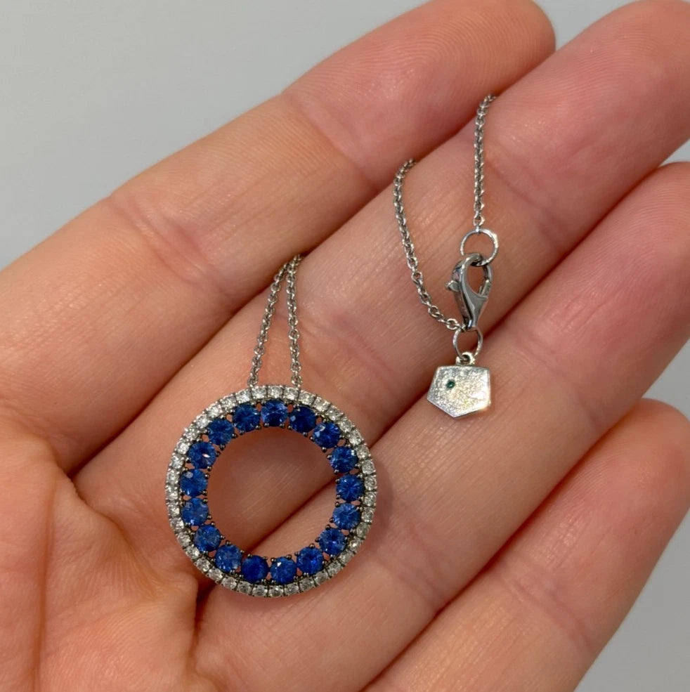 Graziela 18K White Gold Blue Round Sapphire & Diamond Circle Necklace 16" by Devine & Co — angled view