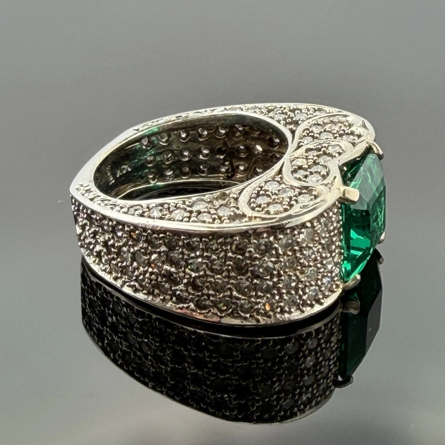 Lab Created Emerald and Diamond Ring 14K White Gold Wide Pavé Mounting 1.50CTW, setting detail