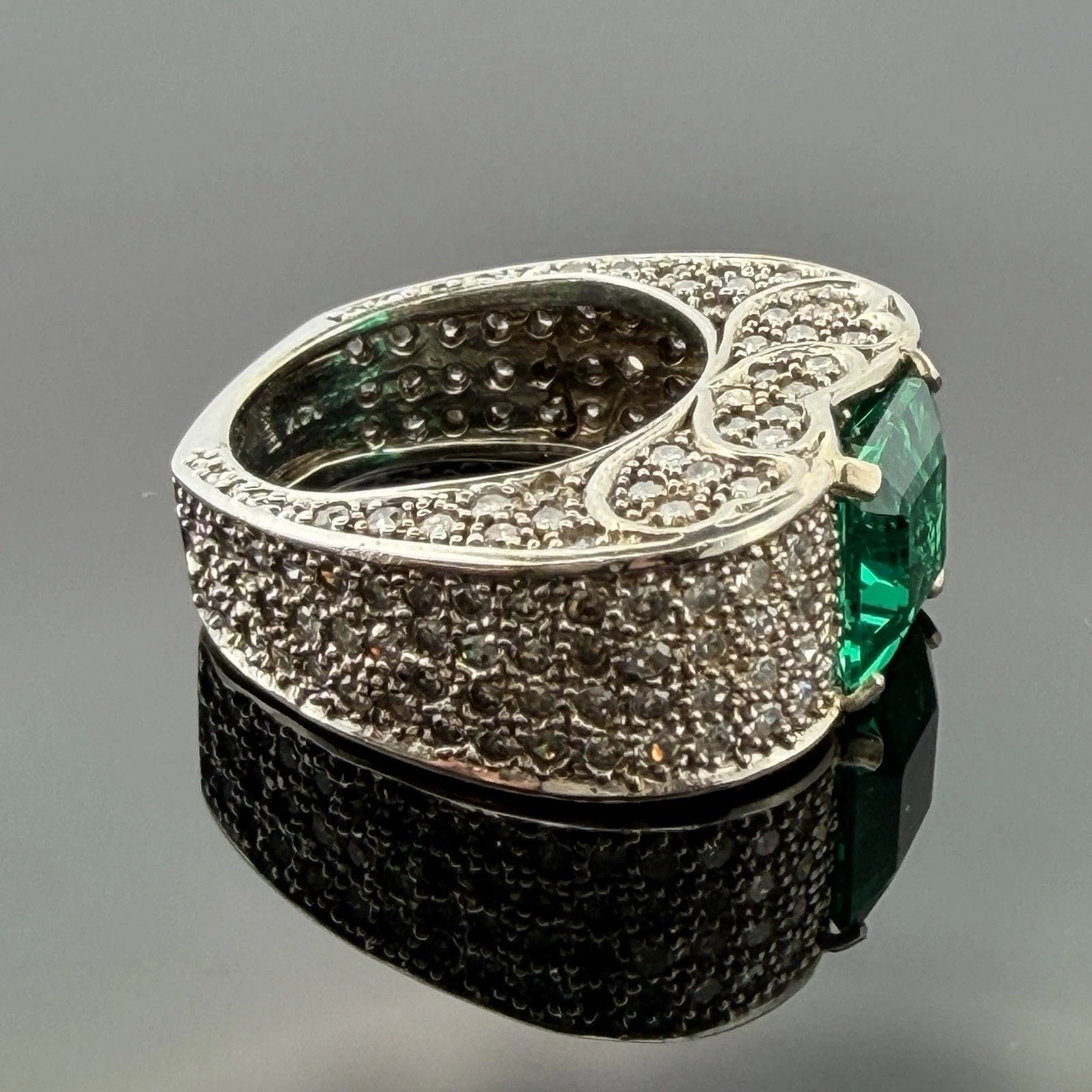 Lab Created Emerald and Diamond Ring 14K White Gold Wide Pavé Mounting 1.50CTW, setting detail