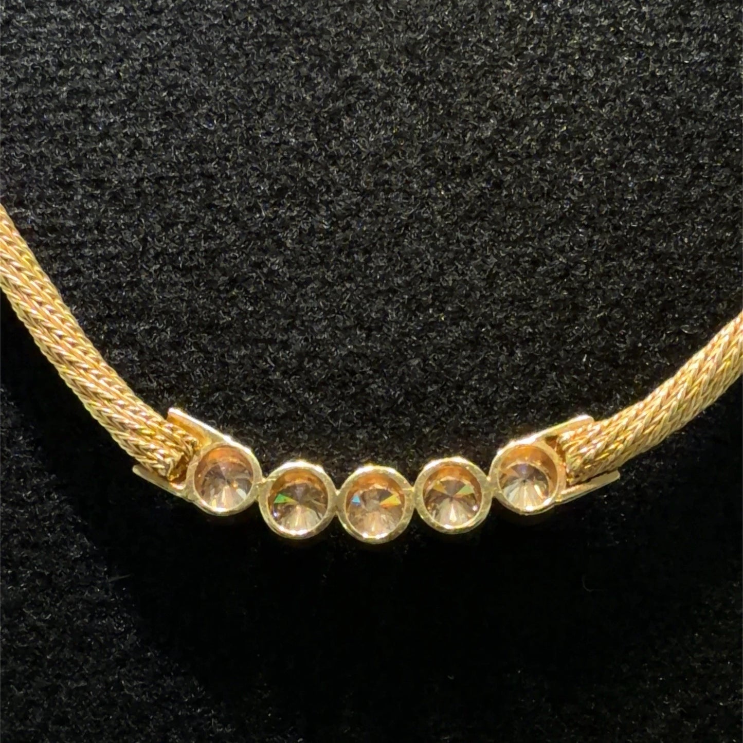 14K Yellow Gold Natural Diamond Bezel Necklace Woven Mesh Chain 18"