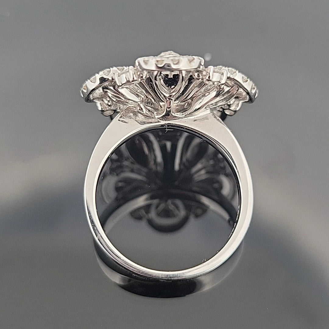 18K White Gold Pave Diamond Flower Ring 1.39ctw Natural Diamonds Size 6 by Devine & Co — angled view