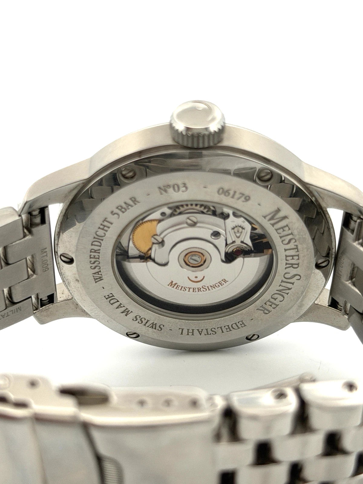 MeisterSinger No.03 Automatic Single-Hand Watch SS Black Dial Bracelet Full Set by Devine & Co — angled view