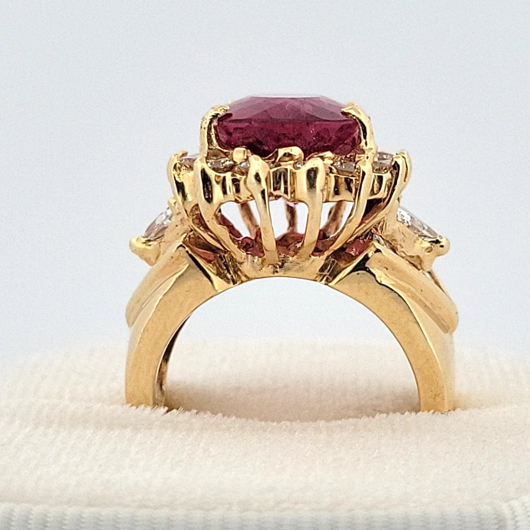 Natural Oval Rubellite Tourmaline Ring 6.90ct & 2CTW Diamonds 14K Yellow Sz 6.5 by Devine & Co — angled view