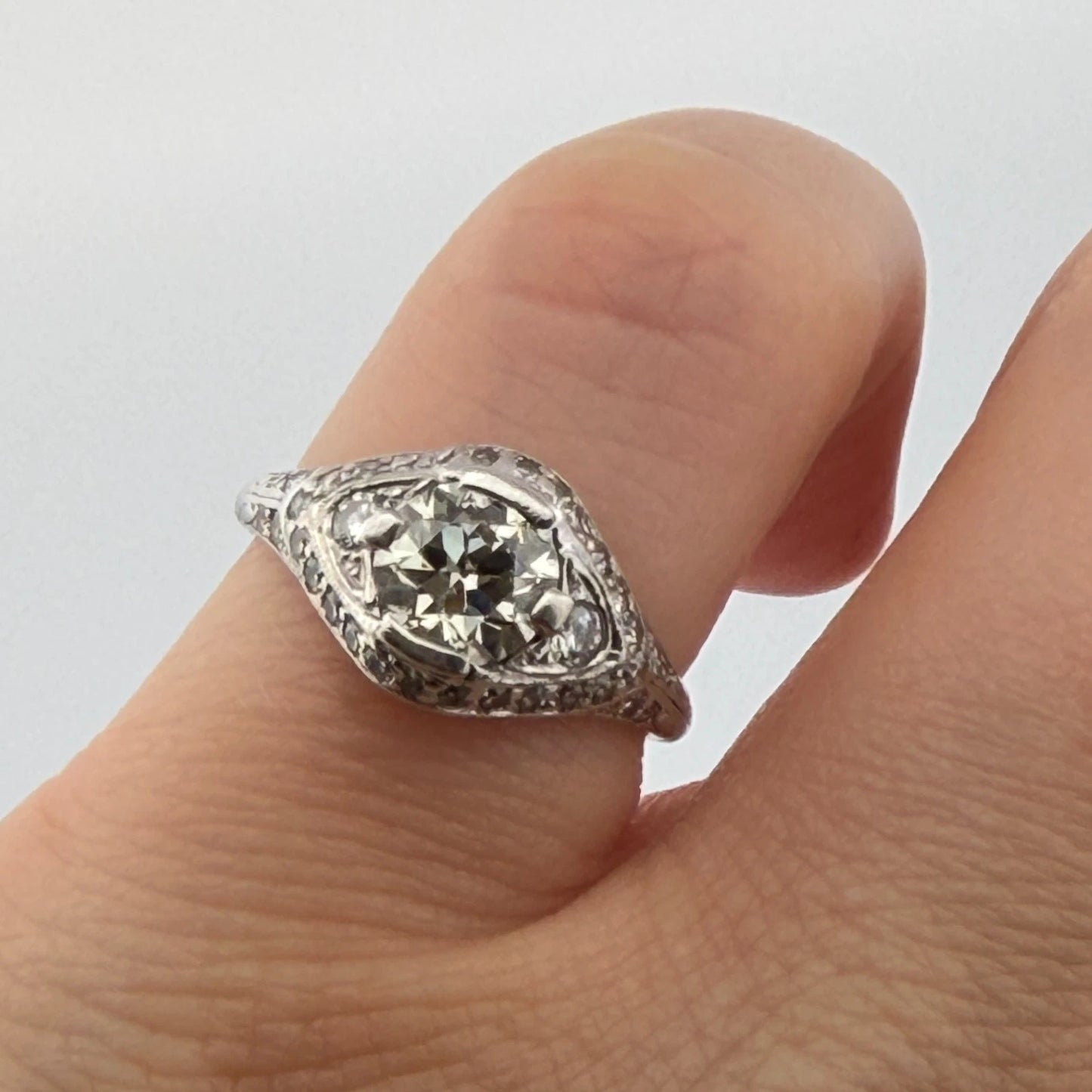 Art Deco Style Platinum Old European Cut Diamond Ring SI1 J Size 5.25