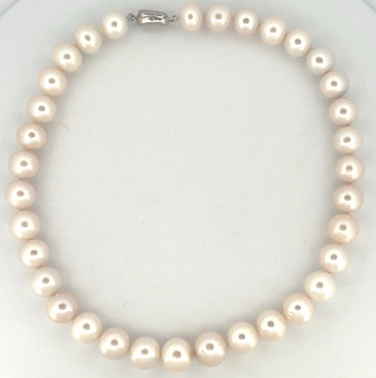 Cultured Pearl Necklace Strand Near Round/Oblong Silver Clasp 17" 11.8-13.4mm