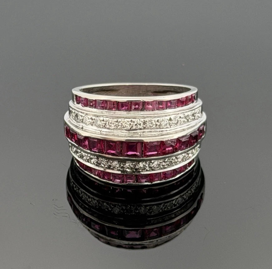 14K White Gold Ruby & Diamond Wide Band Ring Natural Square Rubies Size 7 by Devine & Co — angled view