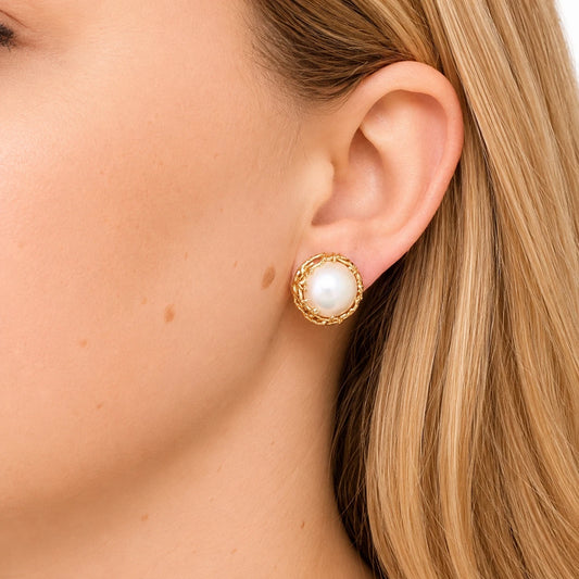Vintage 14K Gold Mabe Pearl Omega Back Earrings 14mm 8.90g Estate